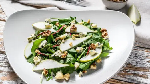 Diet,Salad,With,Blue,Gorgonzola,Cheese,,Pears,,Nuts,,Chard,And